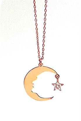 Ay yıldız İşlemeli Atatürk Silüetli gümüş üzerine rose altın kaplama kolye