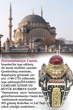 Nuruosmaniye Camii den esinlenerek tasarlanmış 925 Gümüş Kehribar ve Lal Taşlı Yüzük
