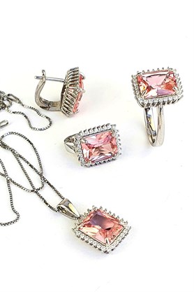 Sky Diamond Pink Morganit Taşlı 925 ayar Gümüş Lüks Set Takım 